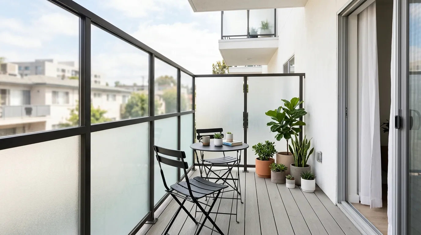 City balcony with tall planters creating green privacy wall