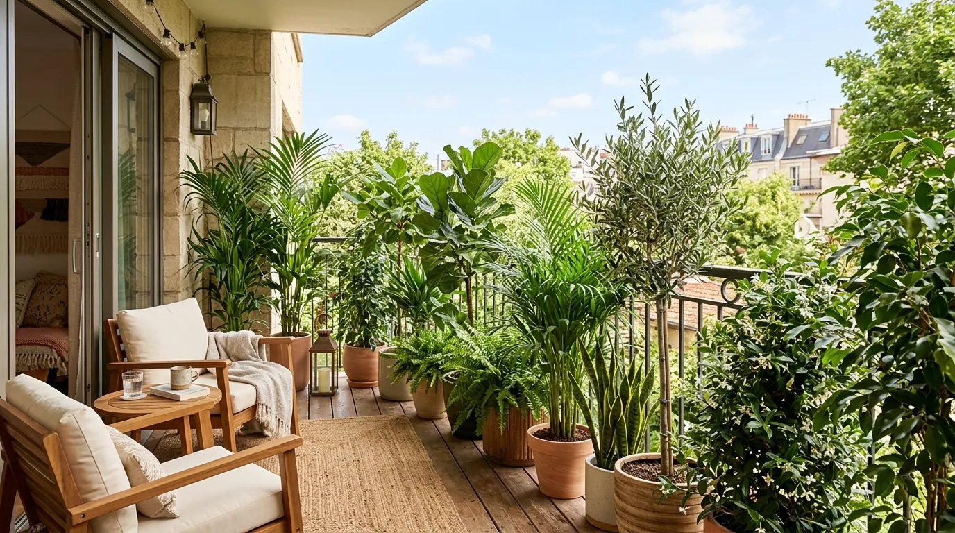 Renter-friendly balcony with fabric privacy panel and foldable chairs
