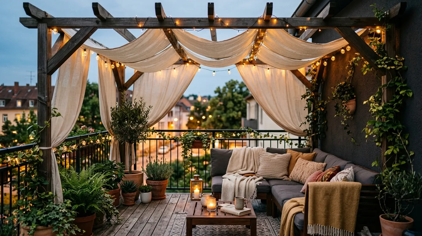 Coastal balcony with white drapes and blue cushions