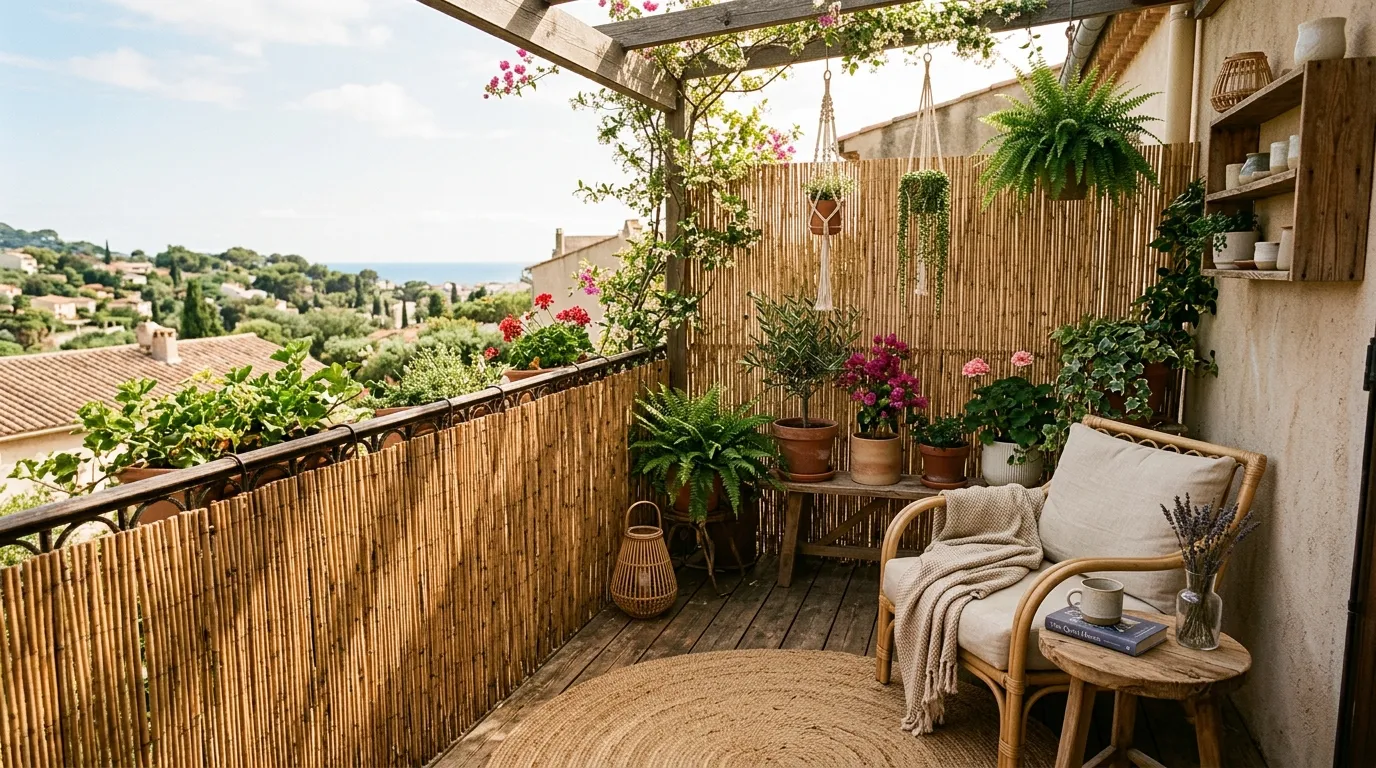 Balcony corner with reed fencing