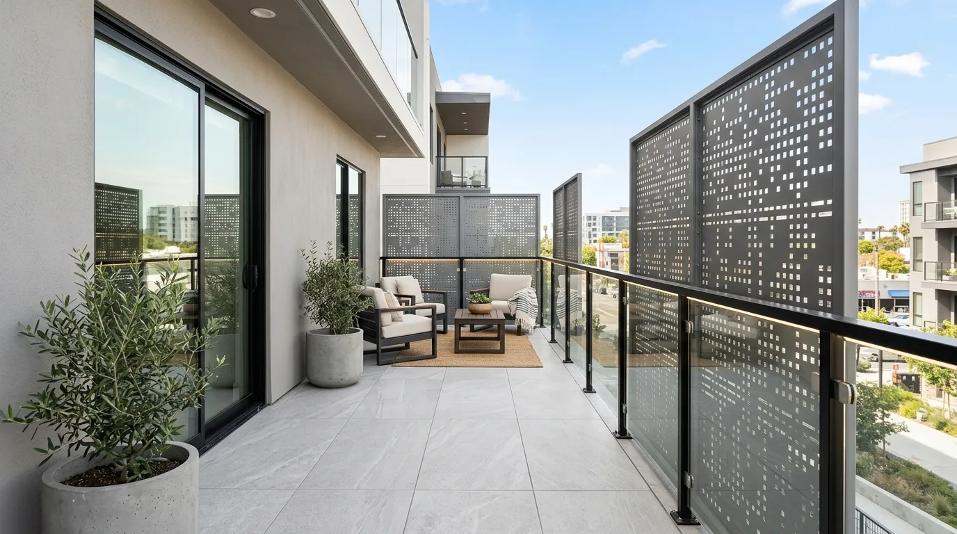 Minimal balcony with frosted acrylic guard detail and slim bench