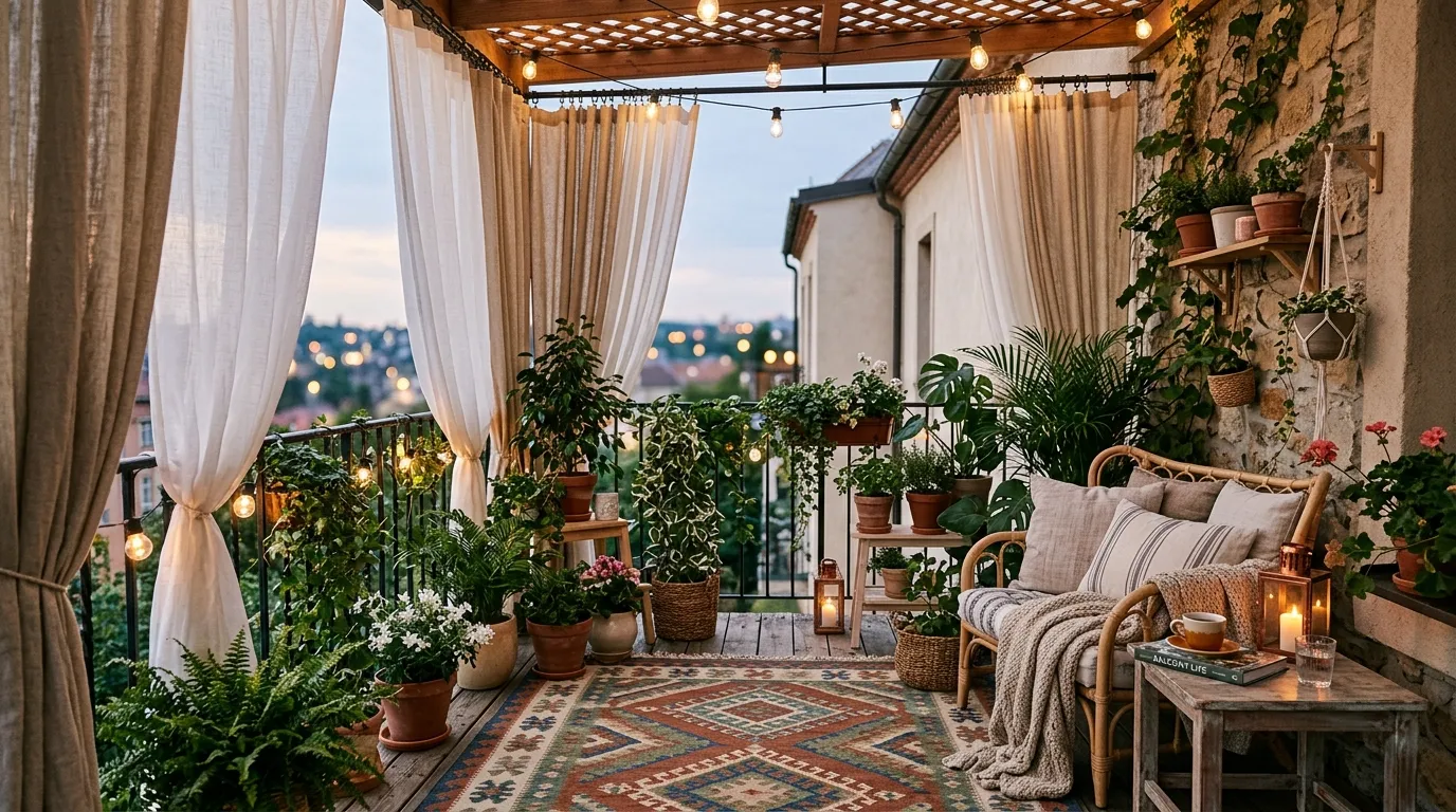 Tiny balcony with trellis and hanging planters