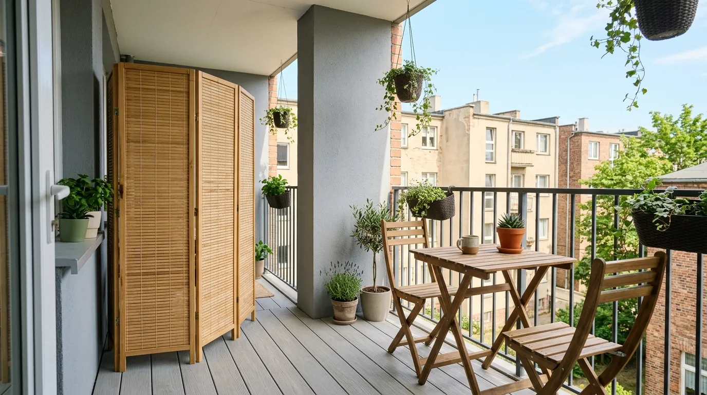 Apartment balcony with half-height planter divider and warm string lights