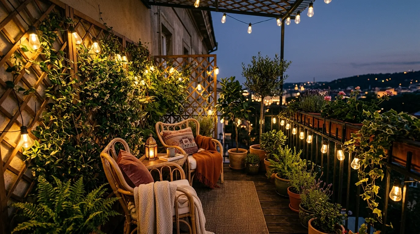 Cinematic balcony privacy setup with greenery
