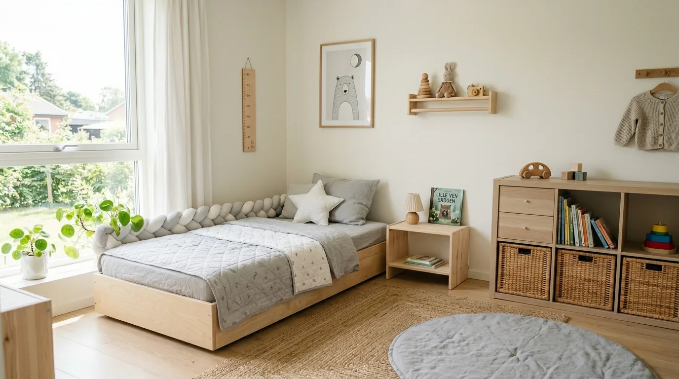 Scandinavian toddler bedroom with pale wood floor bed