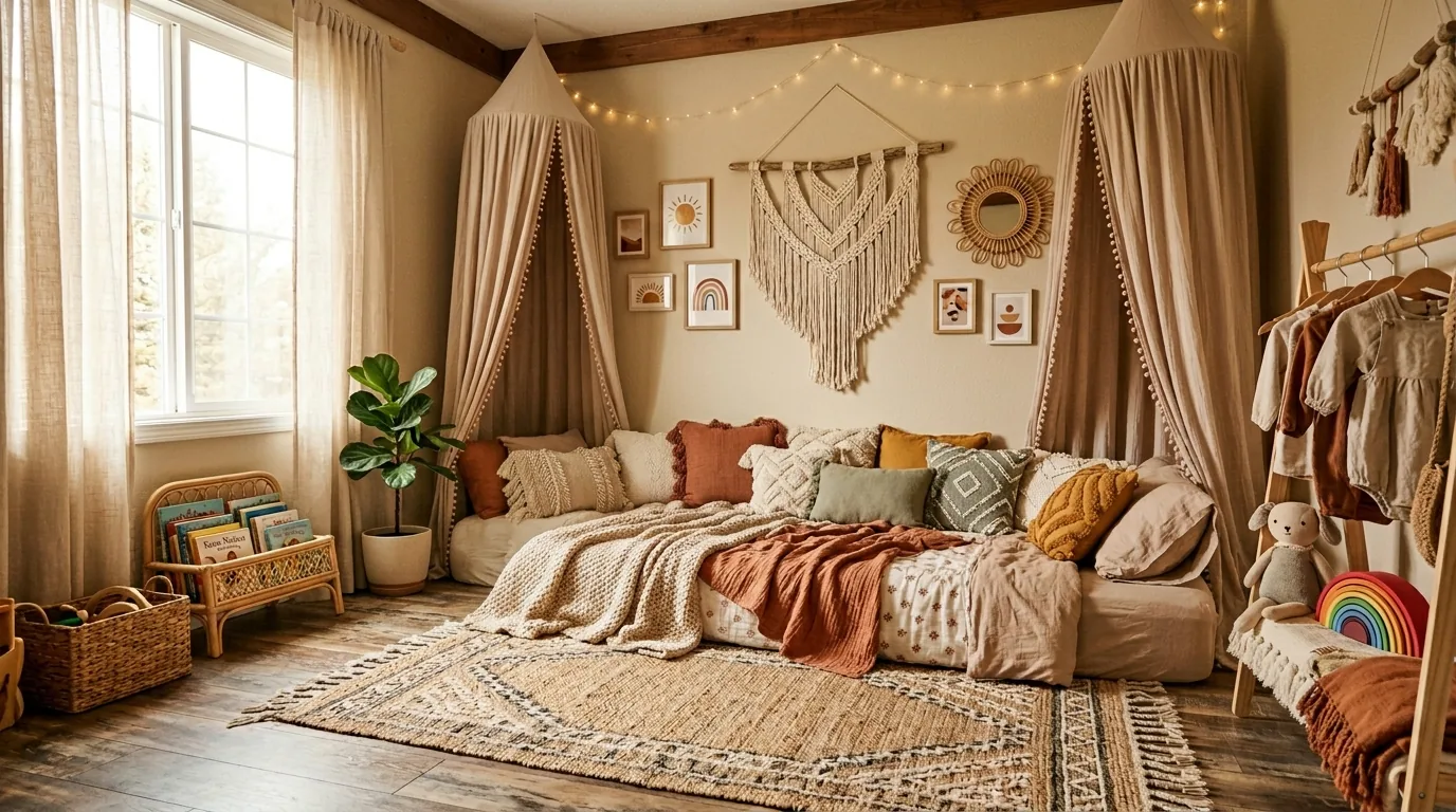 Playful toddler room with house frame floor bed