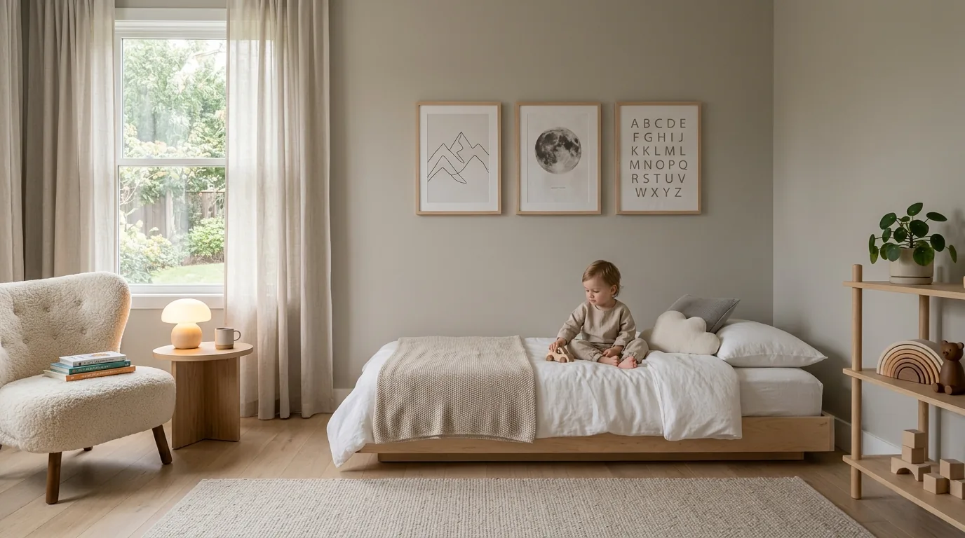 Earthy toddler bedroom with sage walls