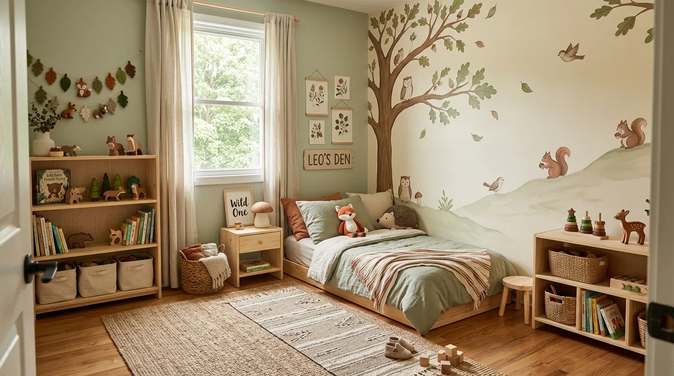 Small toddler room with corner floor bed