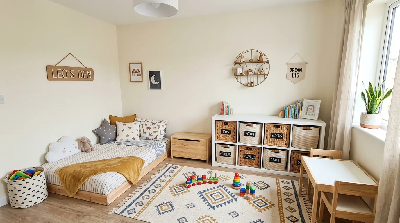 Shared sibling room with toddler floor bed and matching low storage