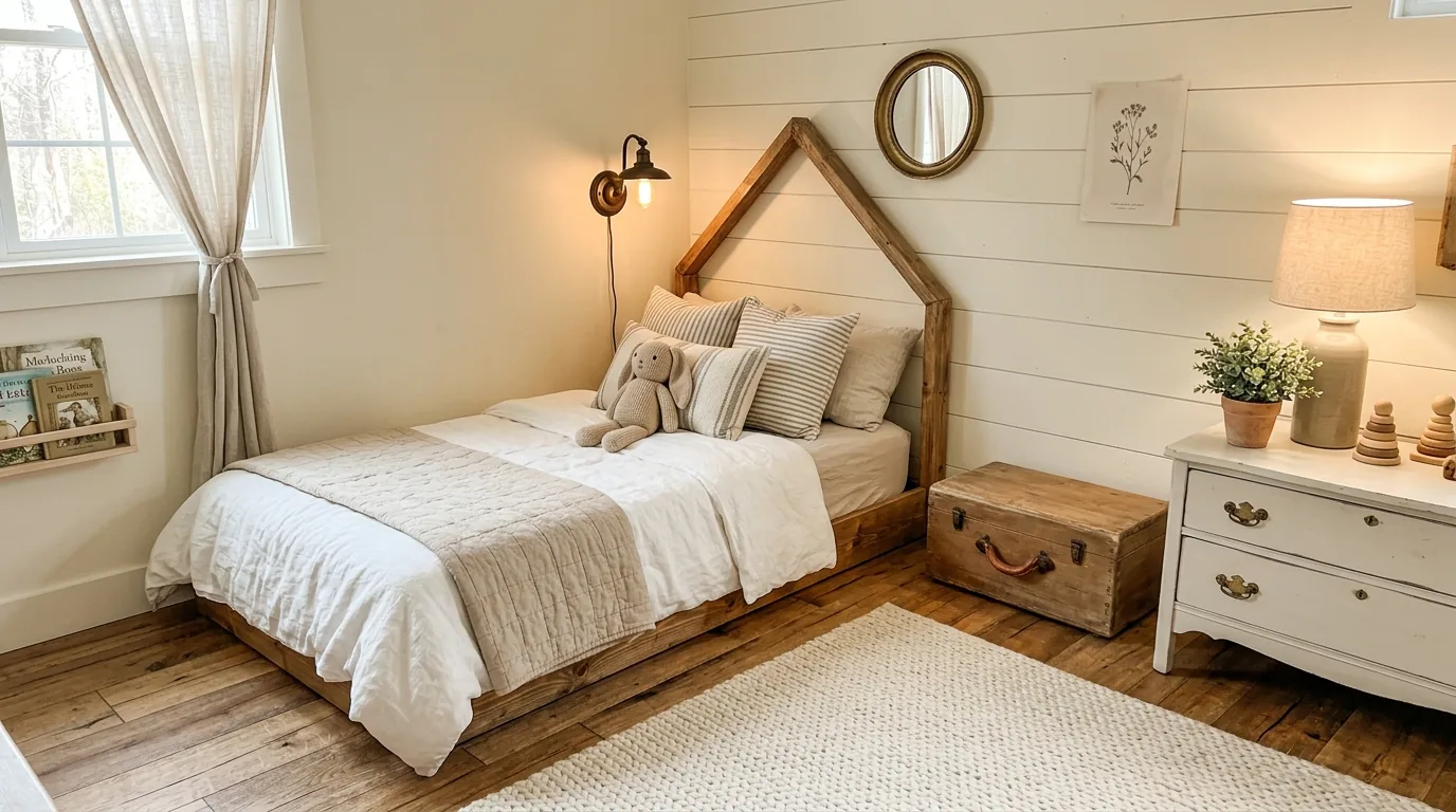 Gender neutral toddler room with quilted bedding