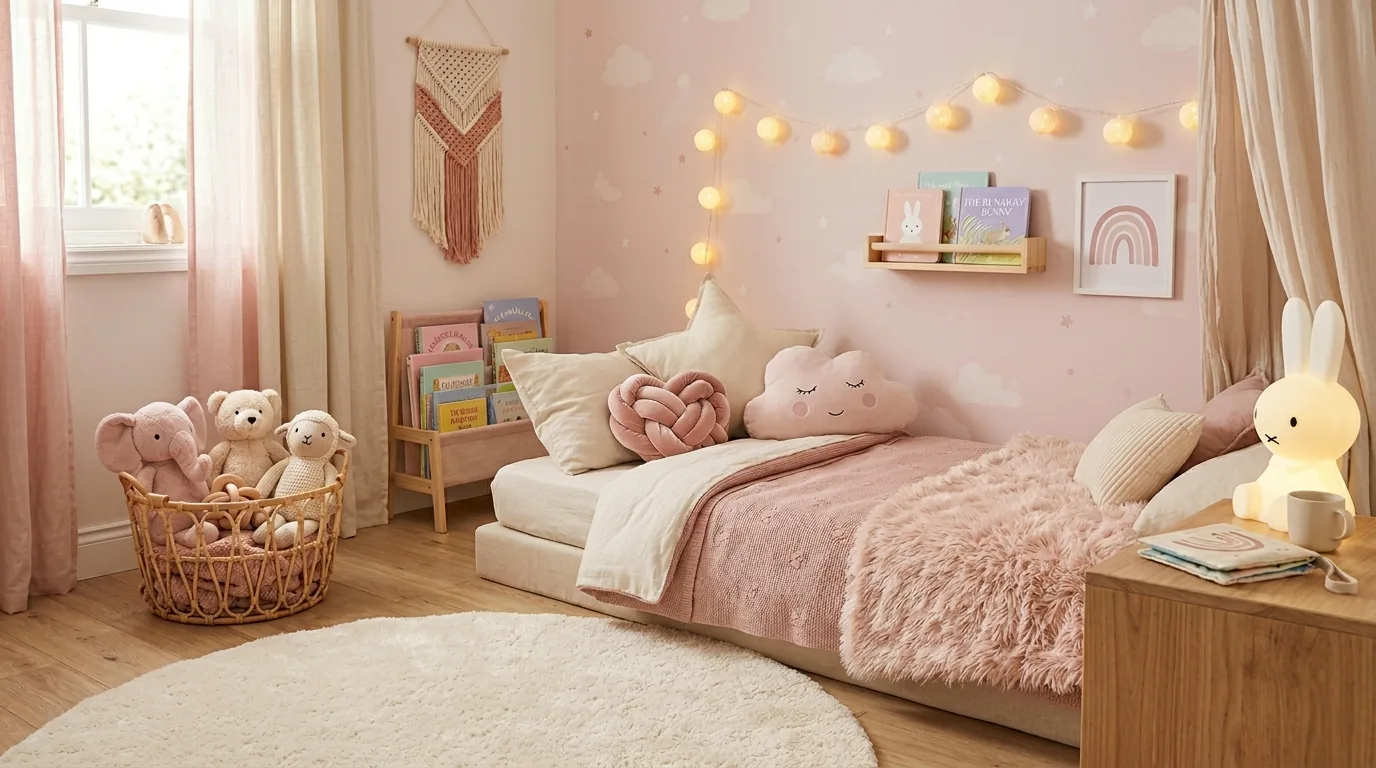 Whimsical toddler floor bed with cloud wall mural