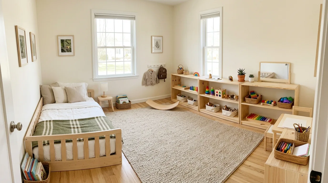 Boho toddler room with rattan accents