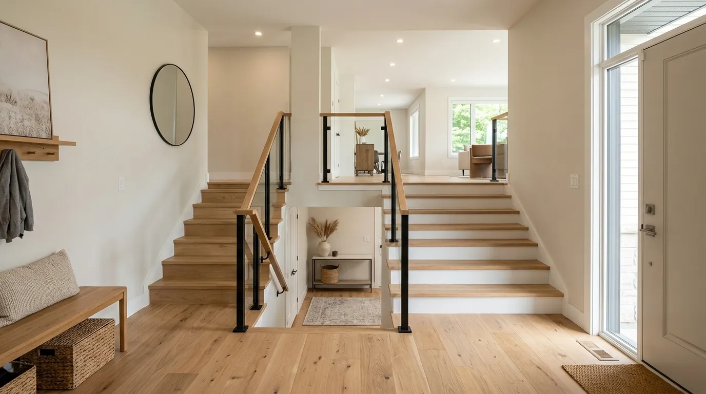 Bright split foyer with board-and-batten walls and bench seating