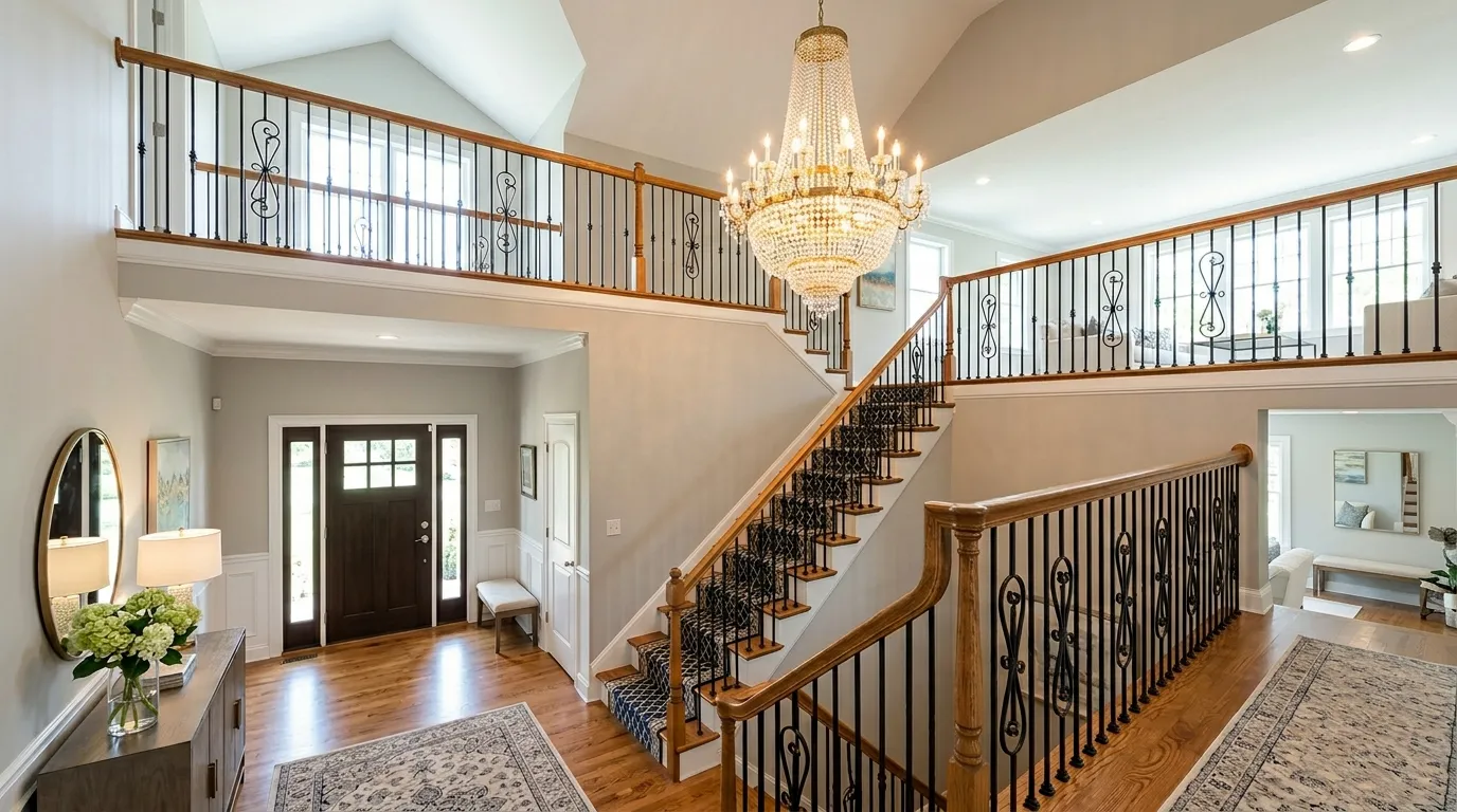 Modern split-level entrance with floating console