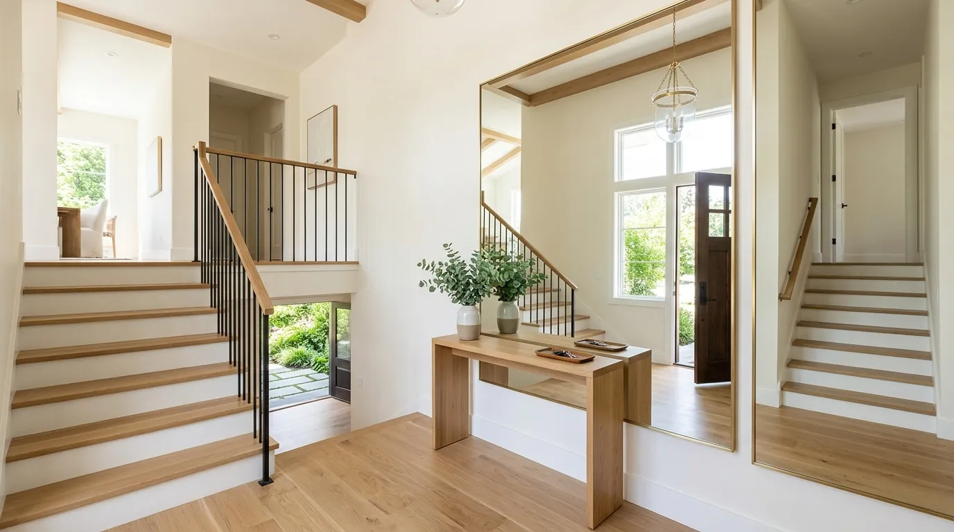 Split-level entrance with statement pendant over stairwell and pale oak accents