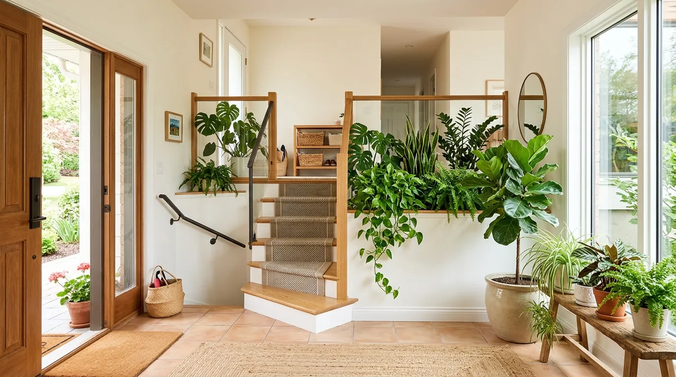 Entryway with gallery wall following staircase and slim console below