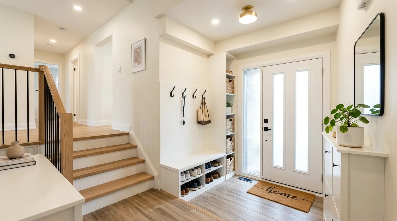 Farmhouse split-level entry with shiplap detail