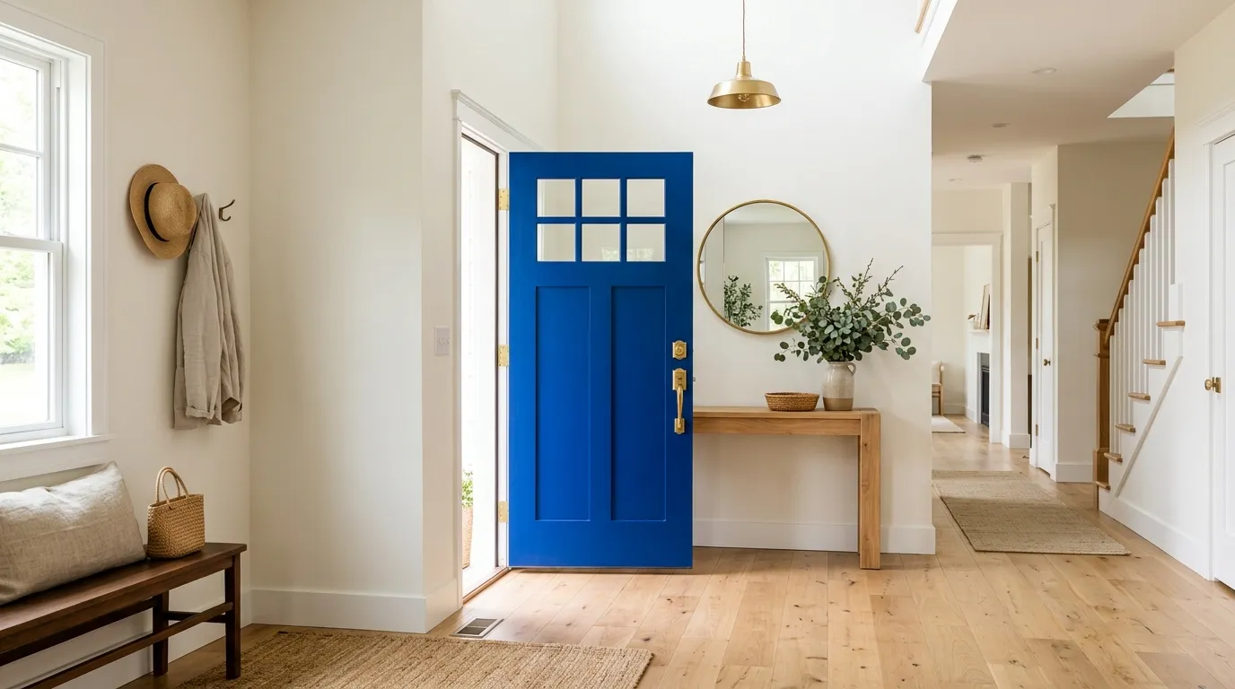 Cinematic split-level foyer with sculptural mirror