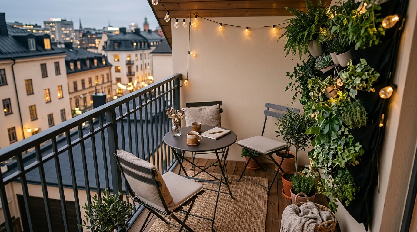 Balcony with hanging string lights