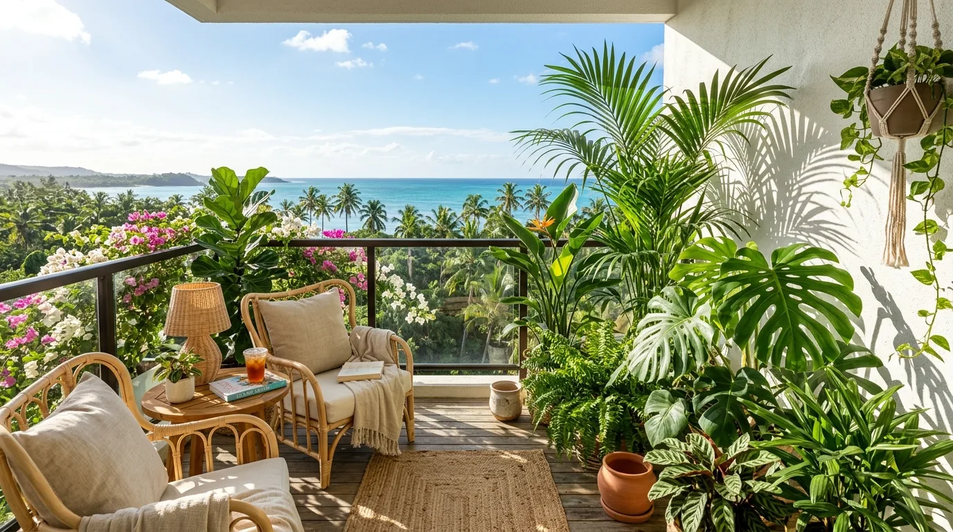 Aesthetic balcony reading nook with papasan chair