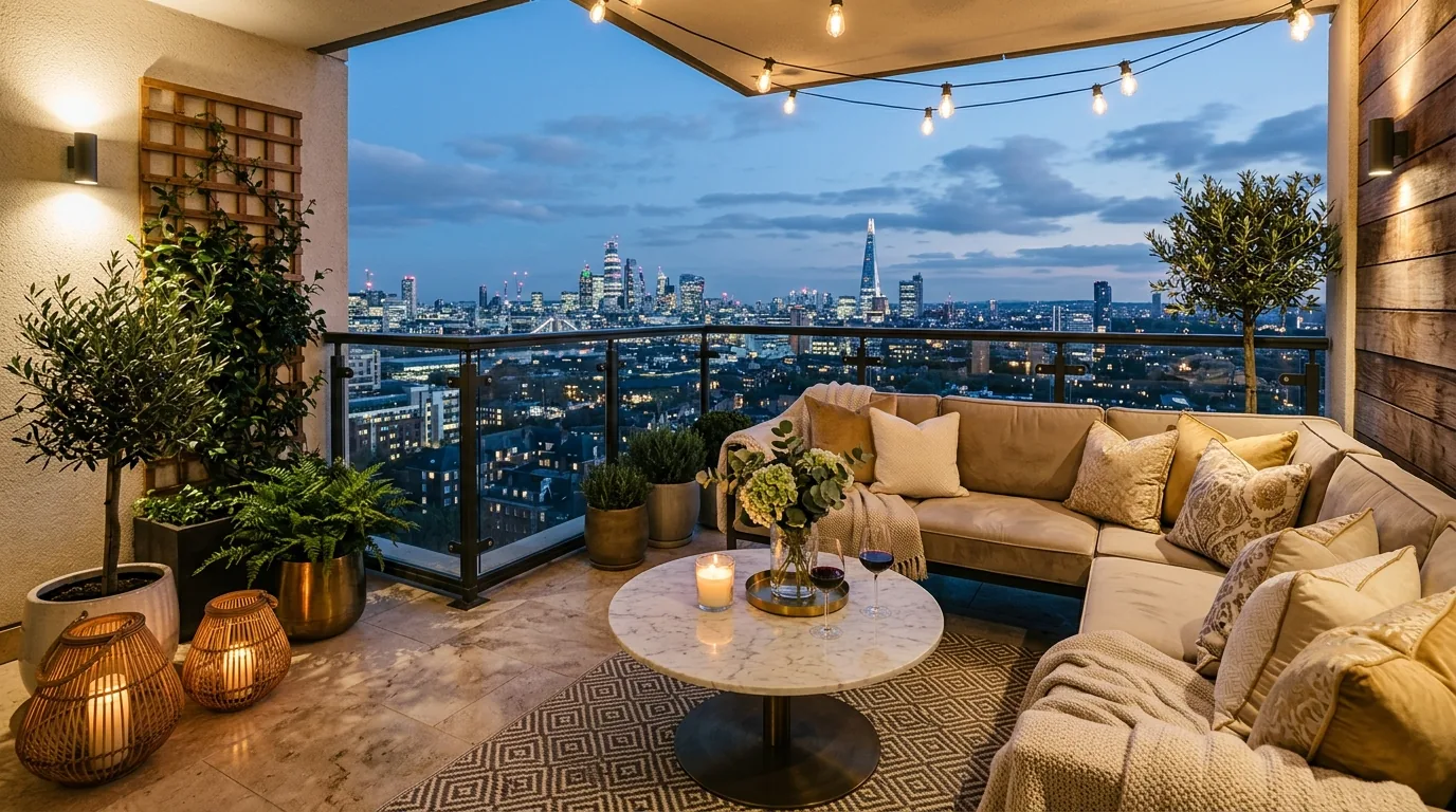 Covered balcony with rattan furniture