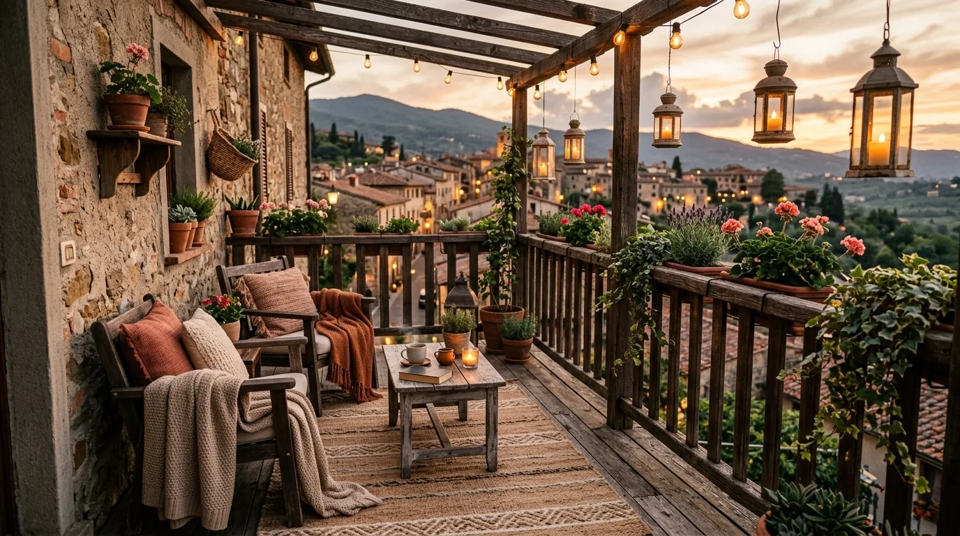 Eclectic balcony with colorful pillows