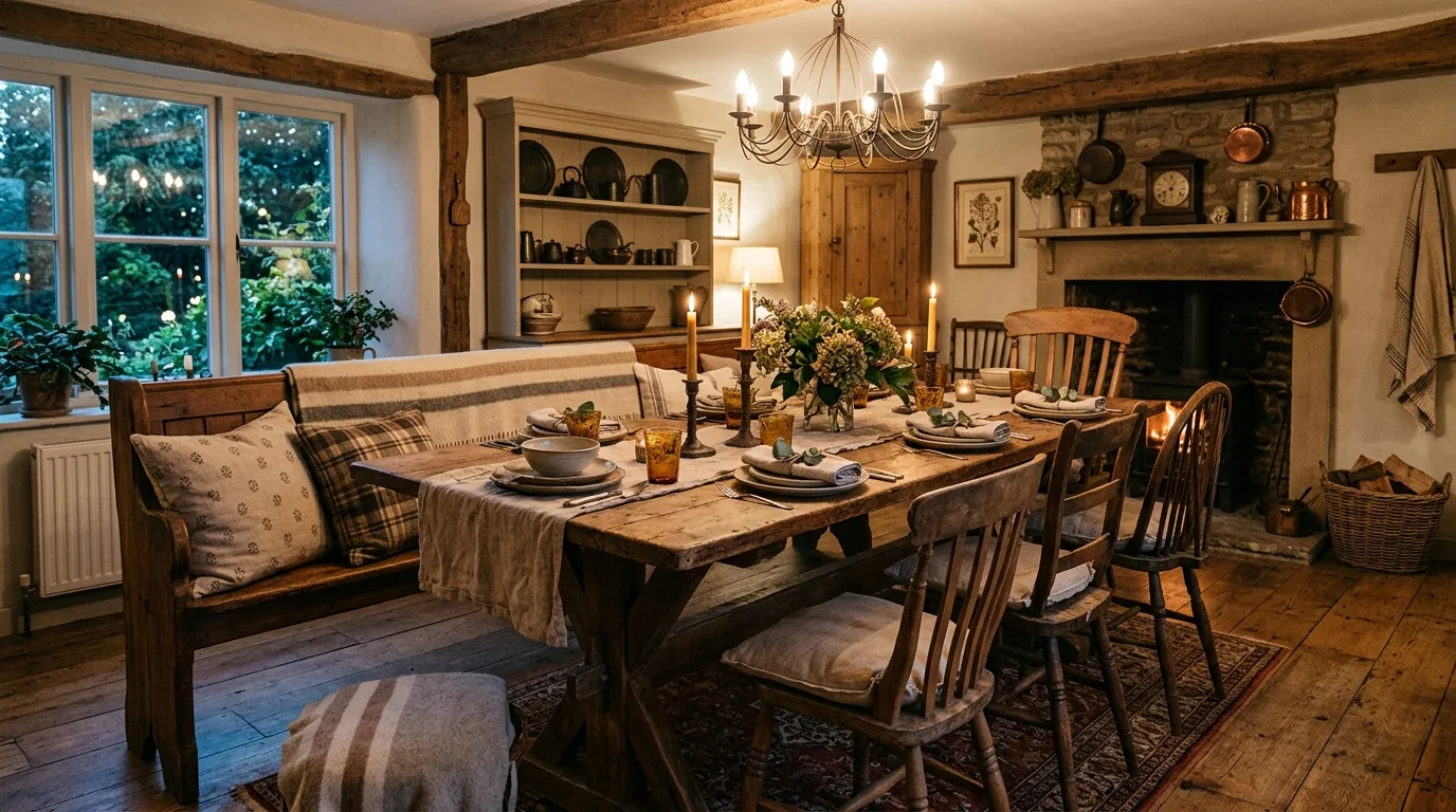 Light filled dining room with pale oak table