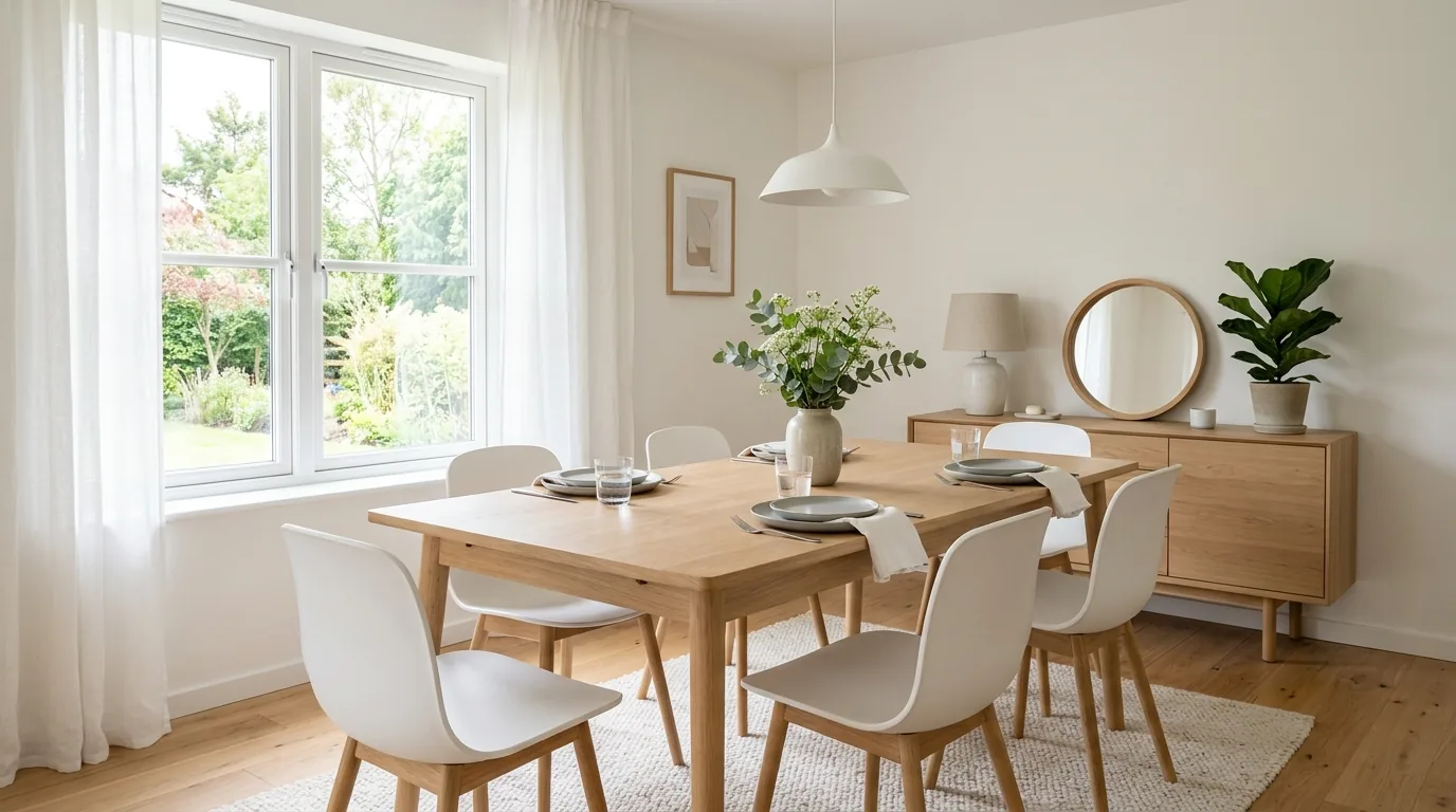 Farmhouse elegant dining space with rustic wood table