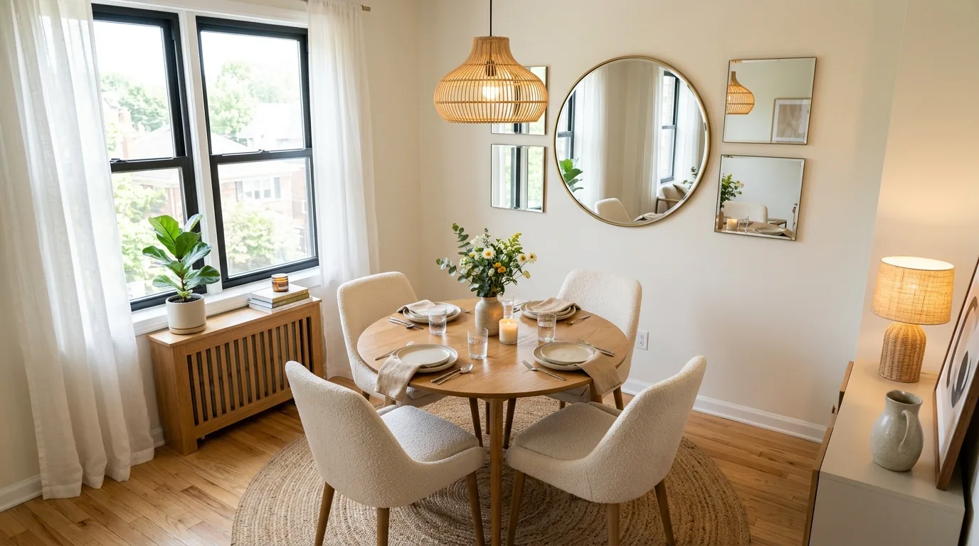 Collected vintage dining room with carved wood cabinet