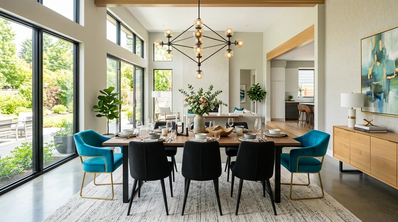 Open concept dining zone with dramatic pendant
