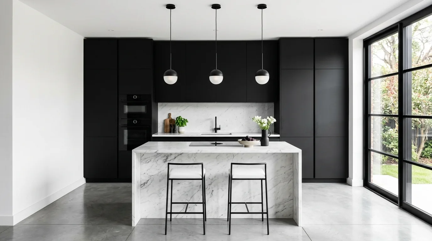 Modern black and white kitchen with matte black cabinetry and white marble countertops