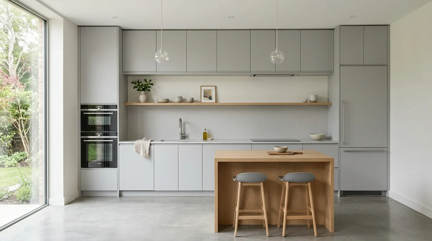 Minimalist contemporary kitchen with flat panel light gray cabinets