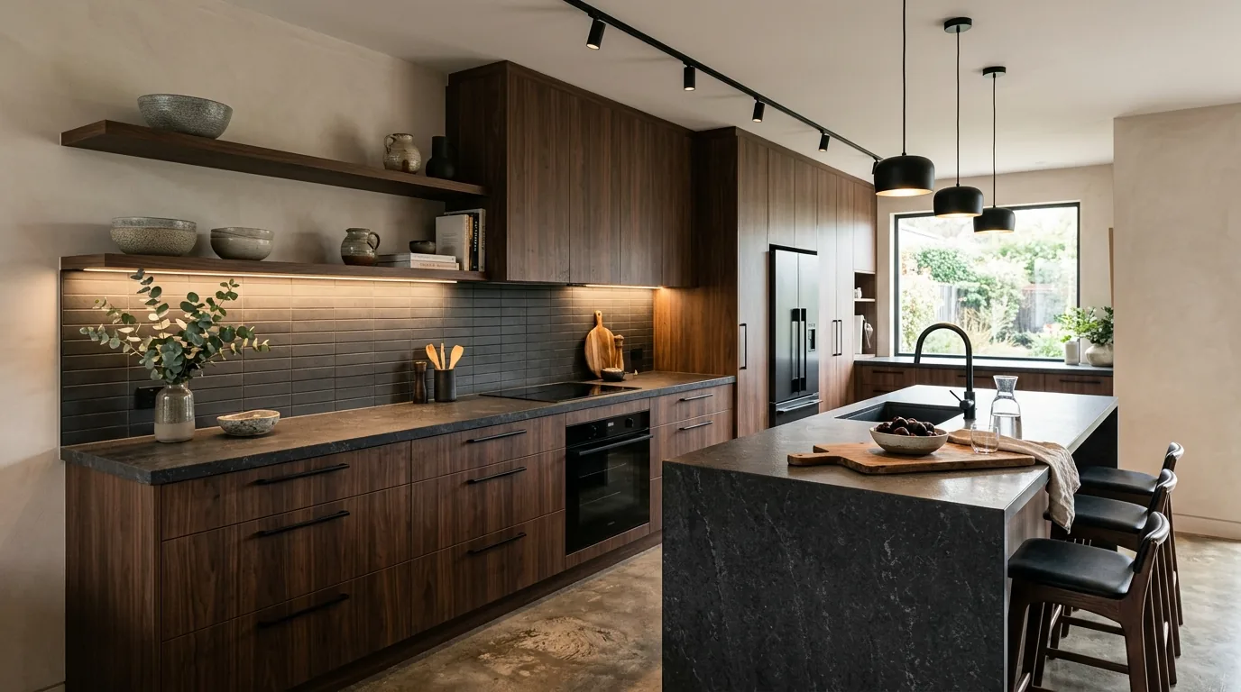 Contemporary kitchen with dark wood cabinetry and matte black fixtures