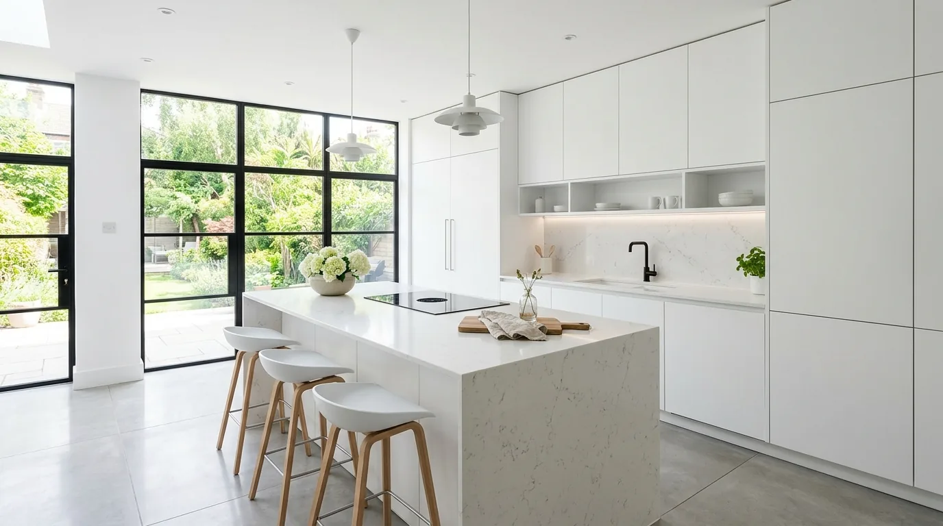 All white contemporary kitchen with seamless cabinets