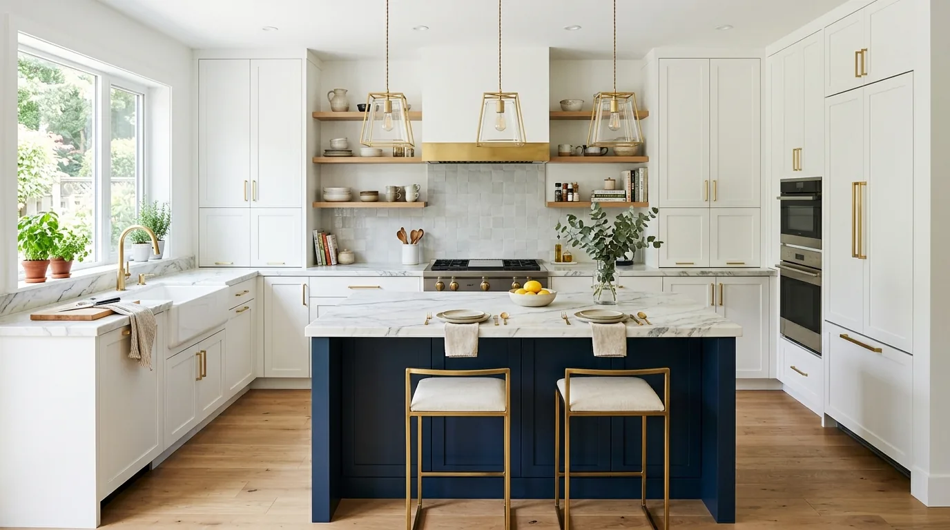 Contemporary kitchen with bold accent island in deep navy