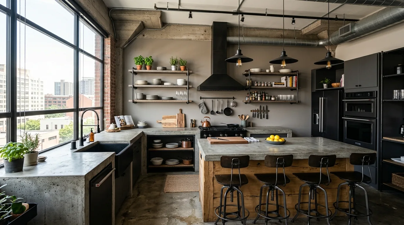 Industrial contemporary kitchen with concrete countertops