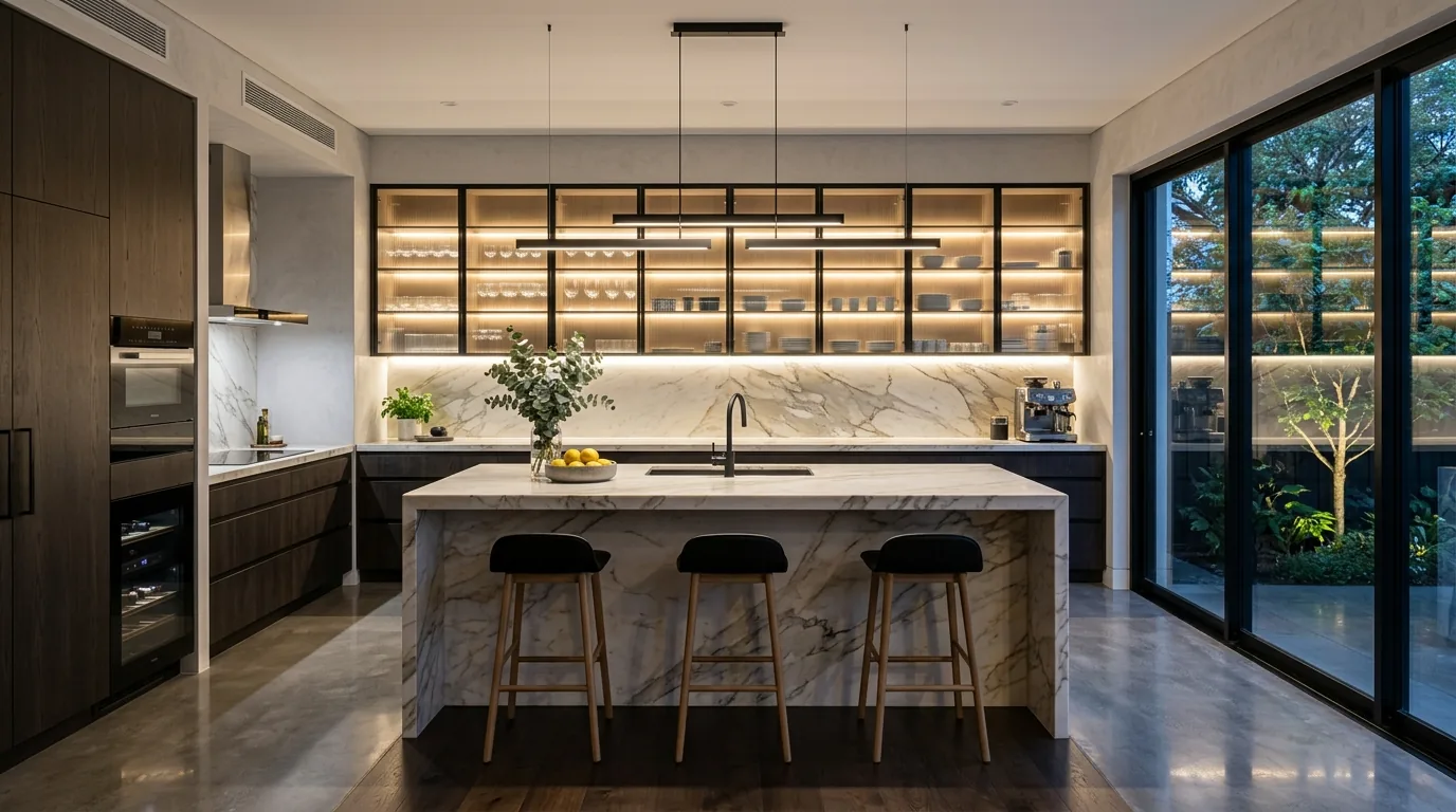 Contemporary kitchen with glass front cabinets