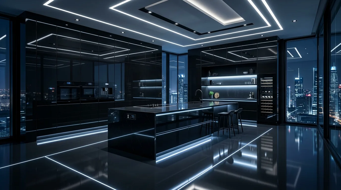 Ultra modern kitchen with high gloss black cabinets