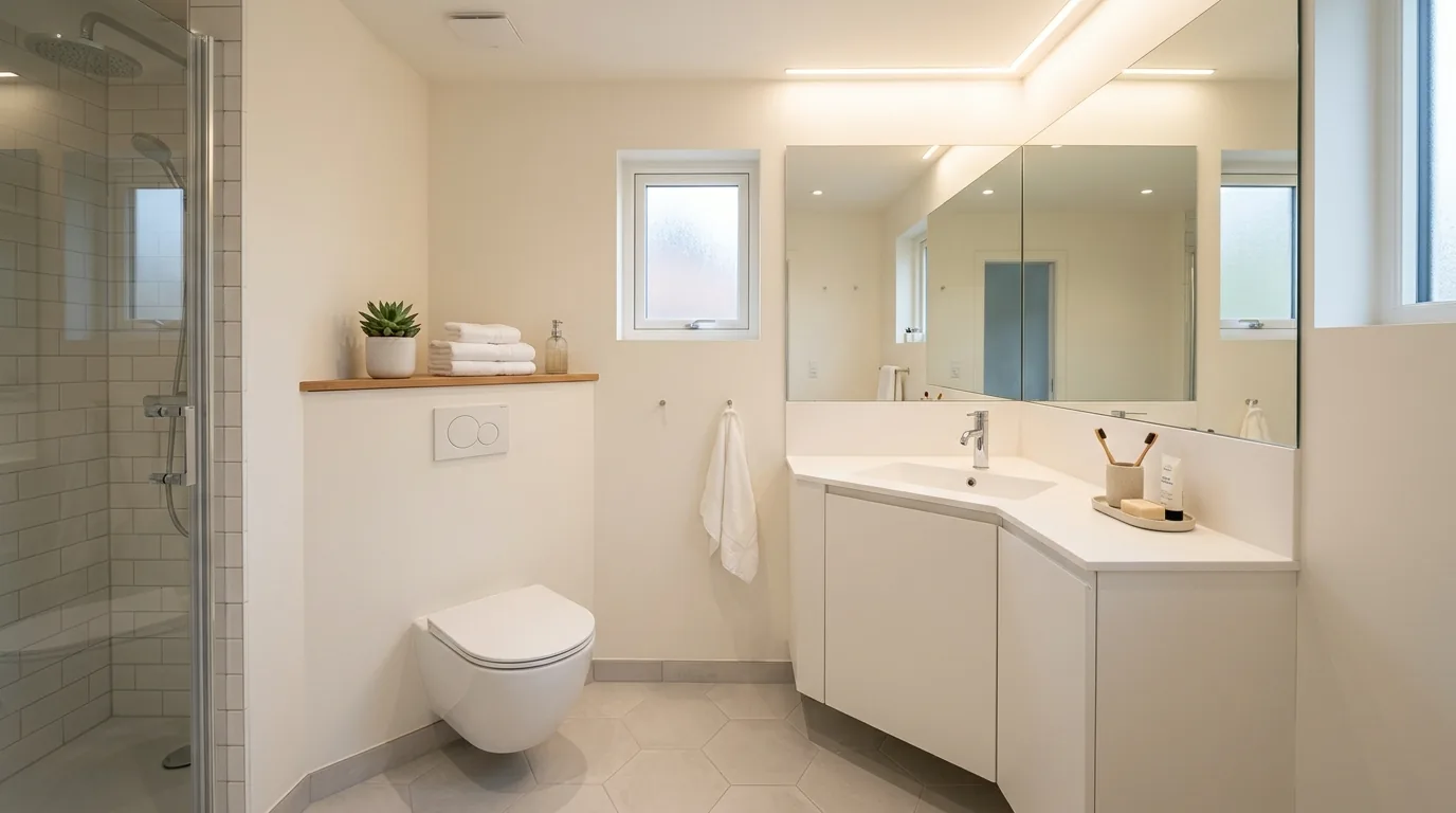Tiny powder room with narrow marble top vanity