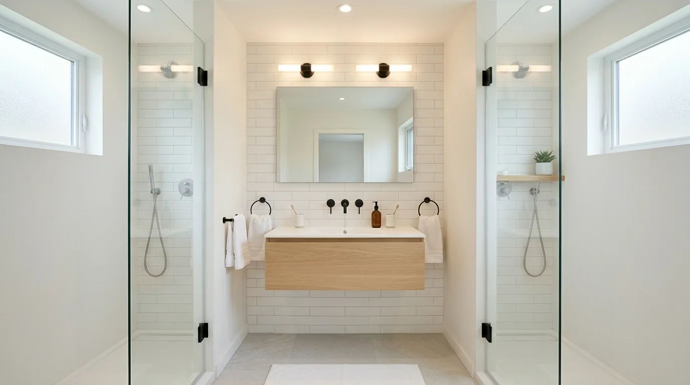 Compact bathroom with open shelf vanity