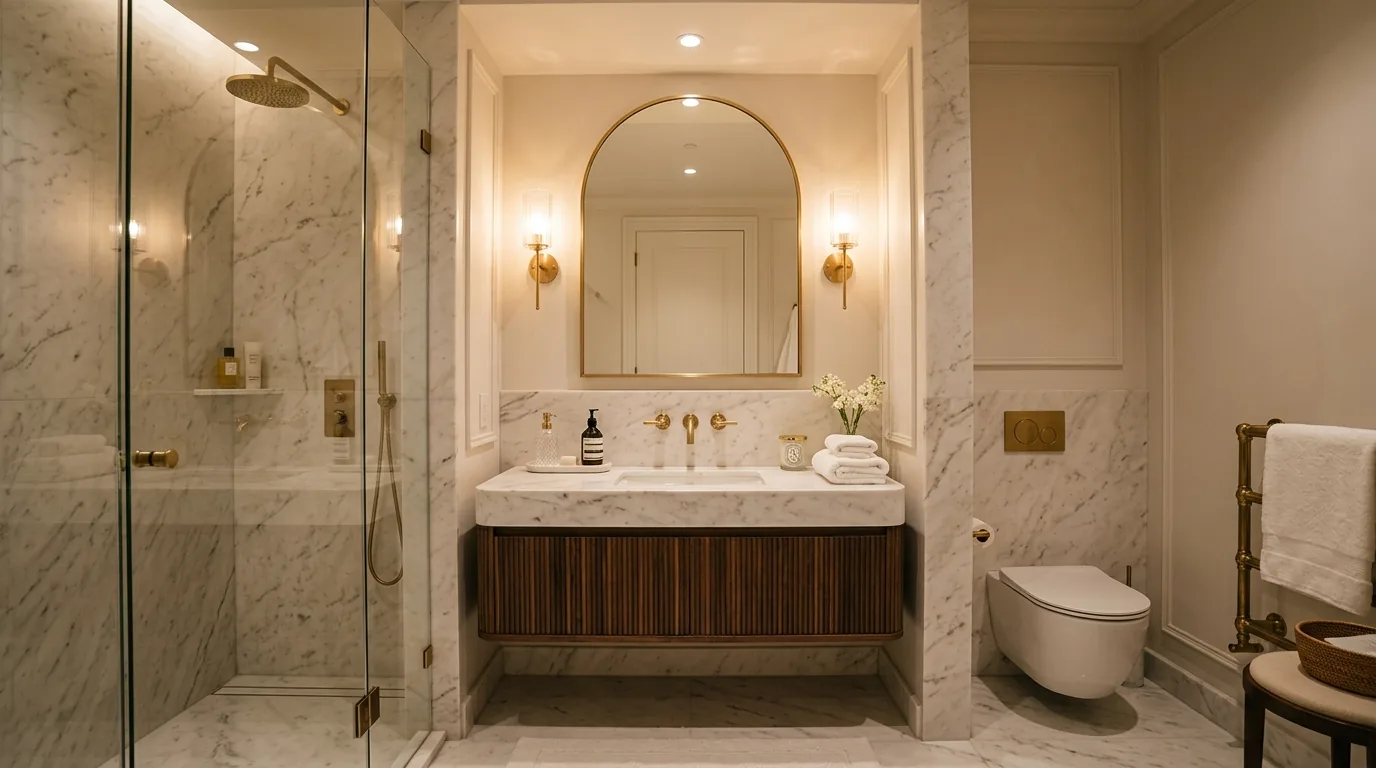 Small bath with vintage style pedestal vanity