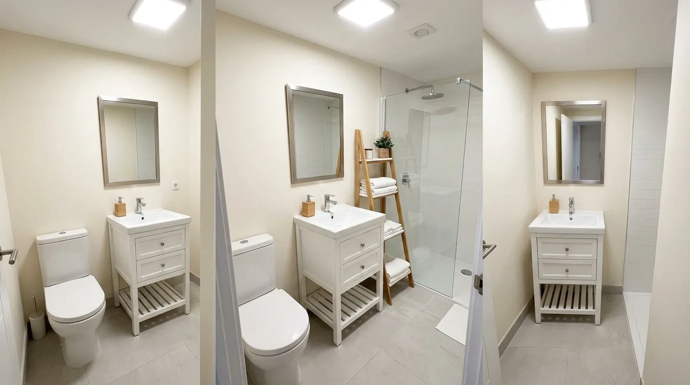 Scandinavian small bathroom with pale wood vanity