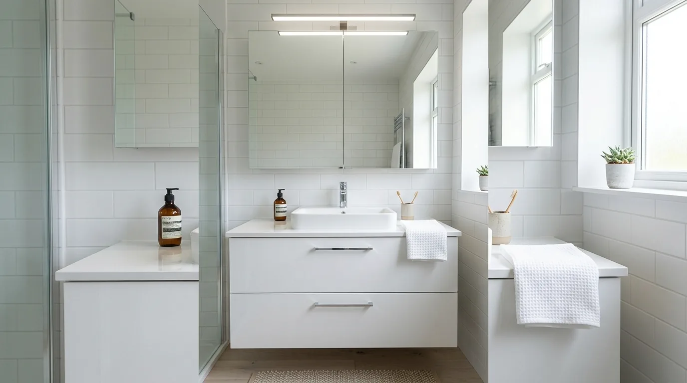 Tiny ensuite with mirrored vanity cabinet