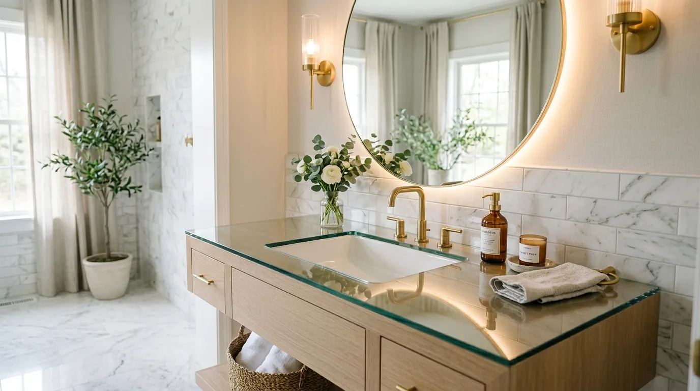 Small bathroom vanity with woven baskets below