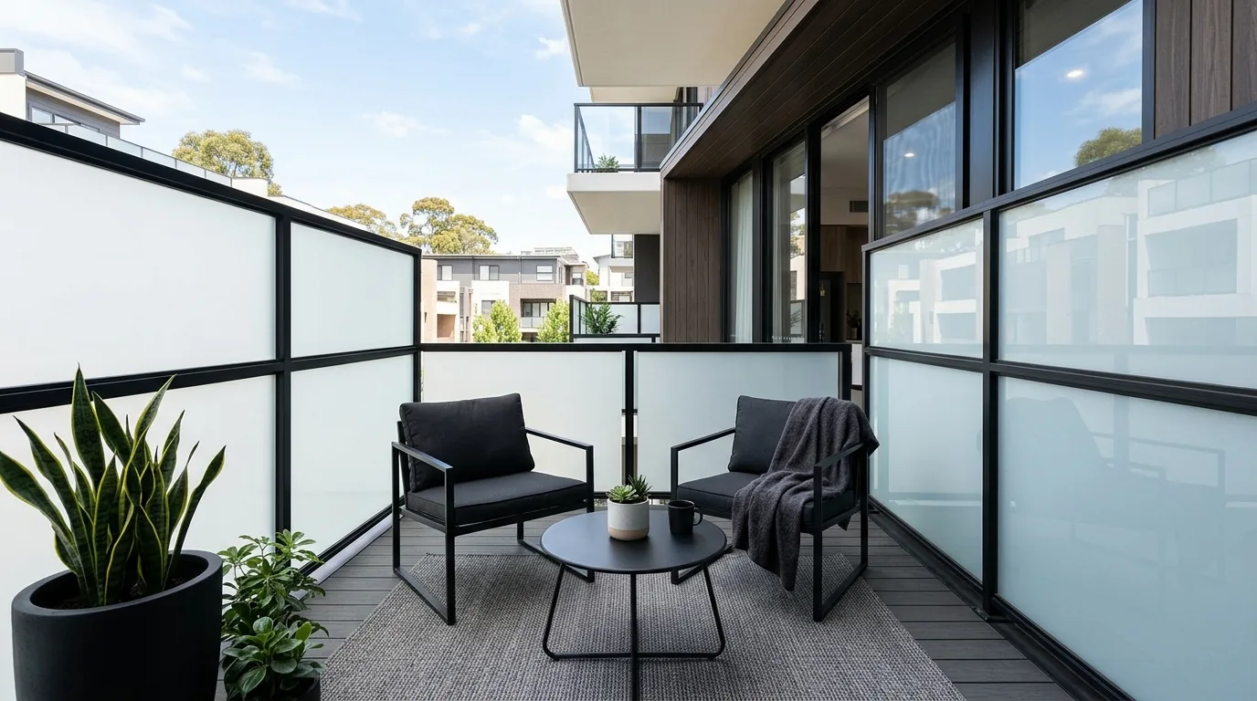 Small balcony with outdoor curtain panels tied to side posts