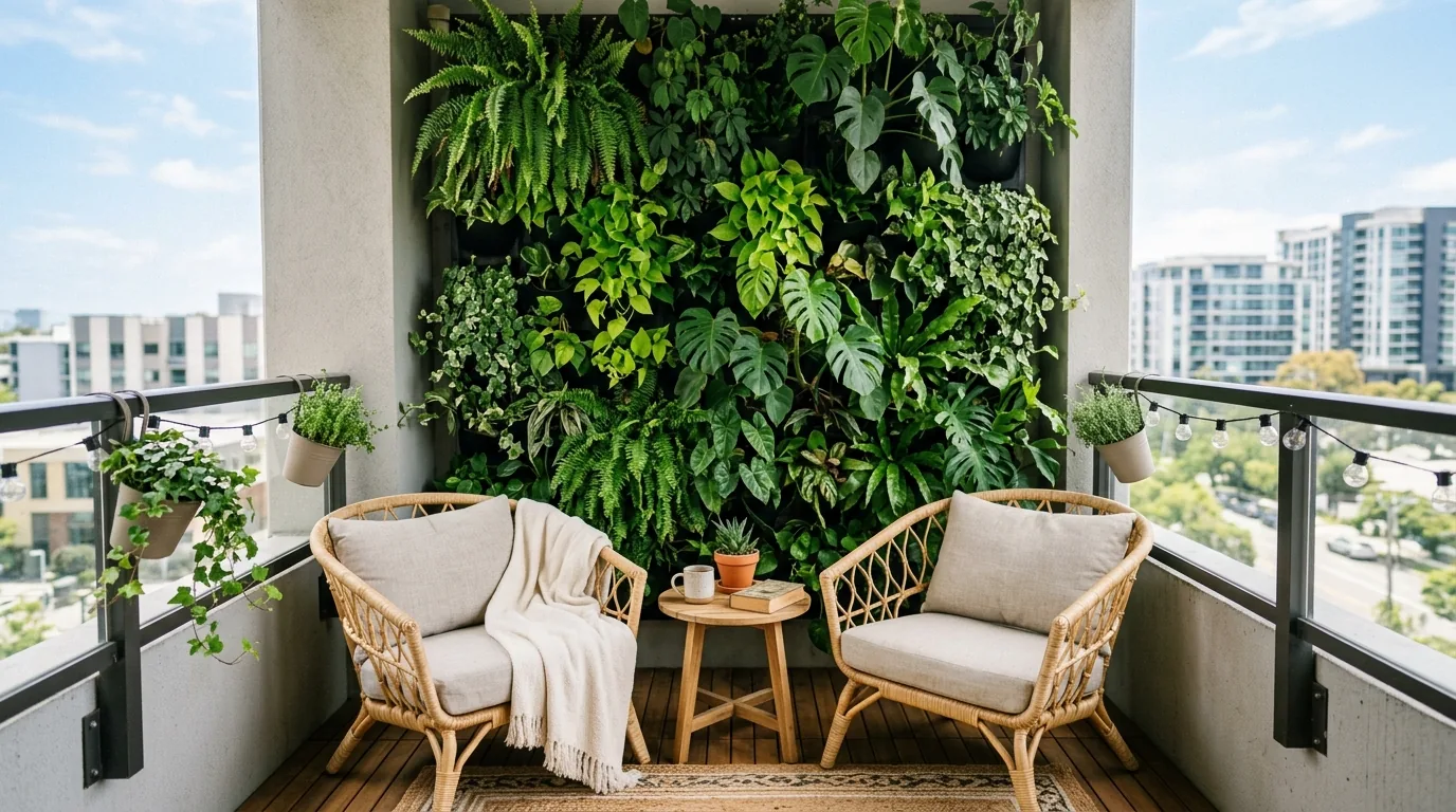 Balcony corner screened by climbing vines on trellis