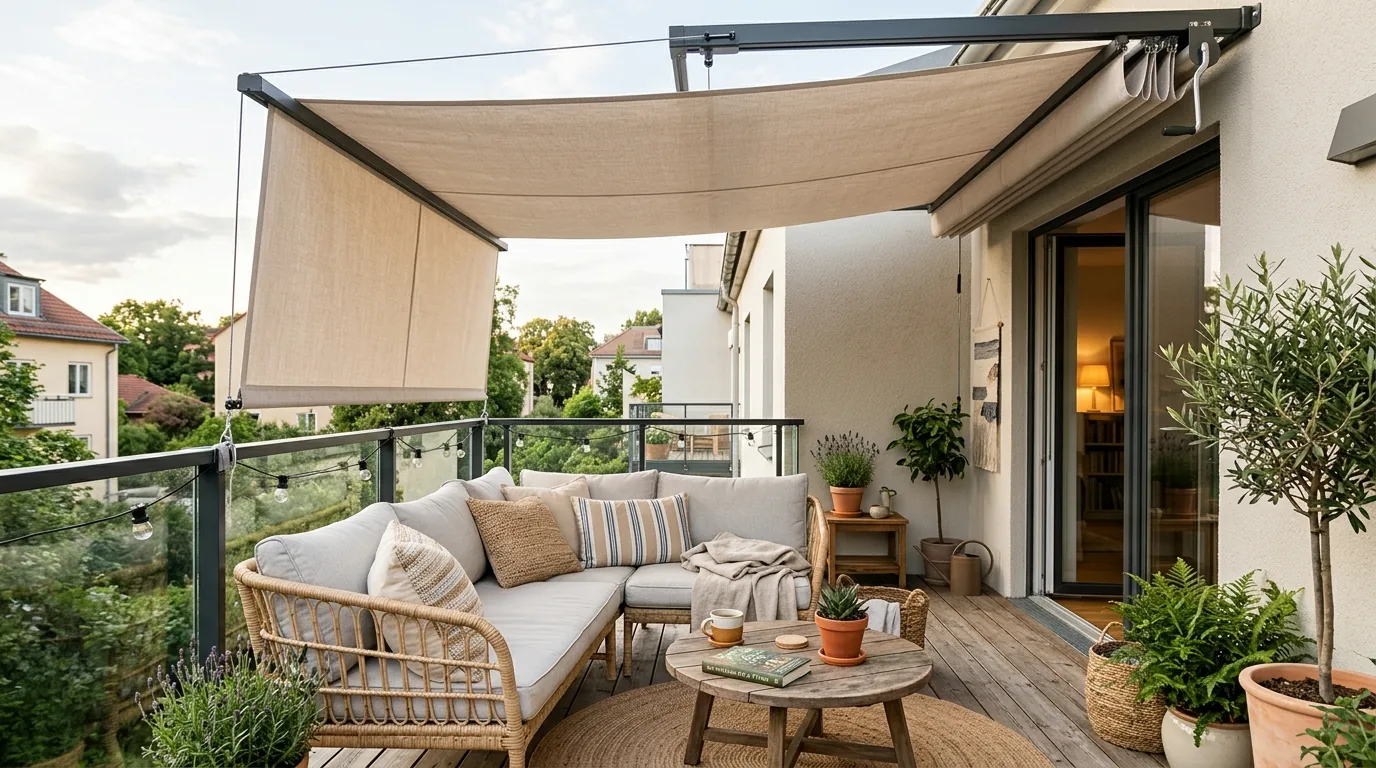 Narrow balcony with lattice privacy wall and flowering pots