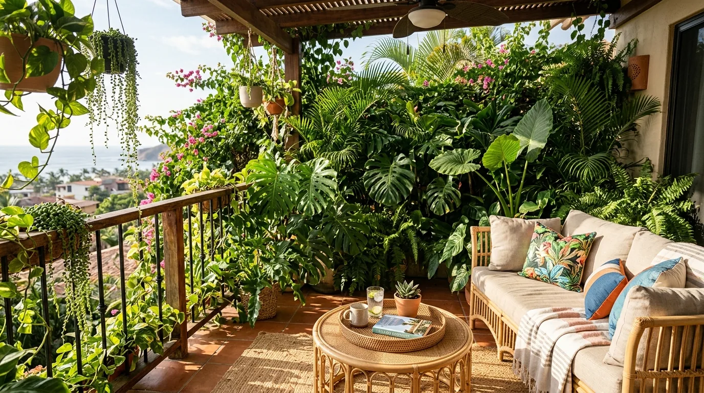 Modern apartment balcony with planter bench divider