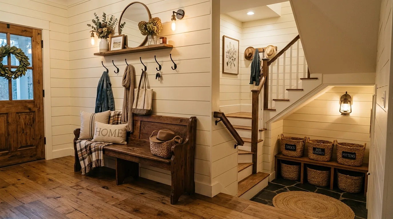 Modern split level foyer with floating console