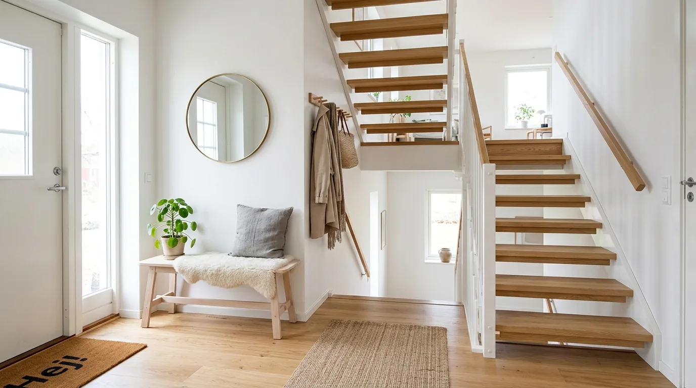 Cozy entryway with paneled stair wall